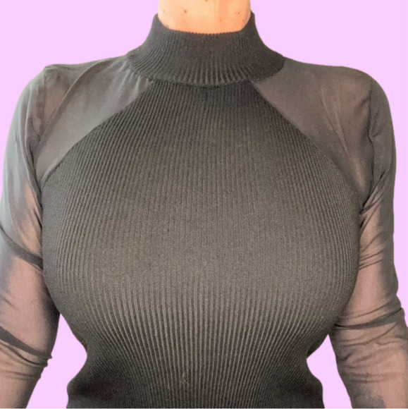 Little Black Dress | Black Bodycon Midi Sweater Dress + Sheer Sleeves | M - Picture 3 of 4